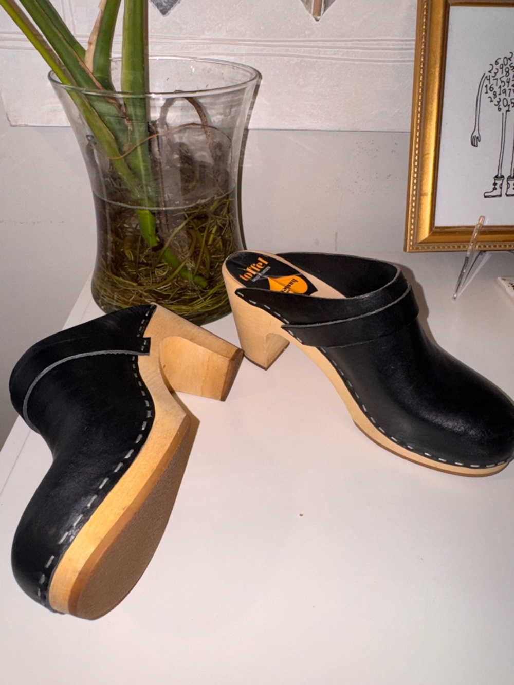 Swedish HASBEENS Black Leather Mule Clogs - wooden Heal Timeless chic ER38/US7.5 - Picture 4 of 16